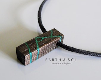 Kintsugi Bog Oak Necklace, Malachite Inlay, Handmade Pendant