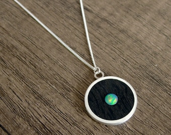 Sterling Silver Bog Oak Necklace with White Opal - Handmade