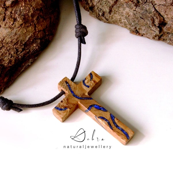 Olive Wood Cross Necklace. Lapis Lazuli Stone Inlay. 5 Year Anniversary Gift. Cross Pendant. Men or Women's Necklace. Jesus Religious