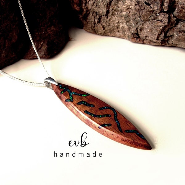 Koa Wood Necklace With Ocean Green Opal Infill. Surfboard Jewellery. Choice of Infill Gemstones or Lab Opal