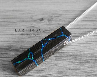 Kintsugi Ancient Bog Oak Bar Necklace With Blue Opal Inlay