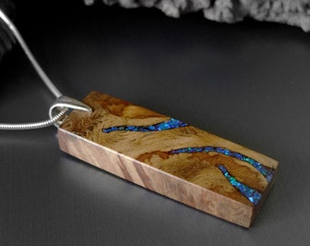 Opal & Wood Rectangle Necklace Oak Burr Burl Wood With Opal Stone Inlay. 5th Anniversary Gift. Wooden Pendant. Handmade EVB