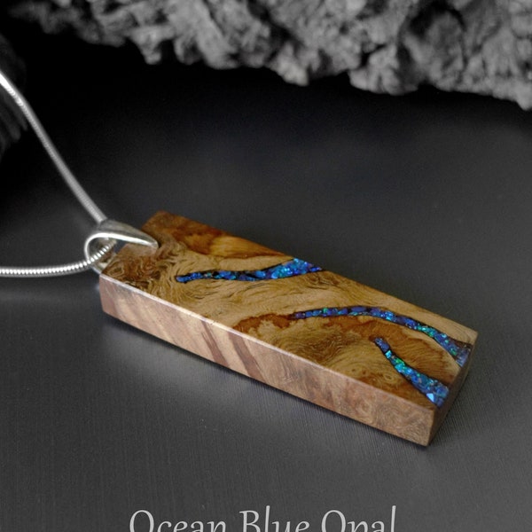 Opal & Wood Rectangle Necklace Oak Burr Burl Wood With Opal Stone Inlay. 5th Anniversary Gift. Wooden Pendant. Handmade EVB