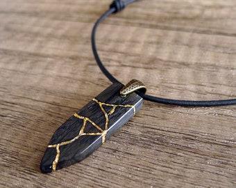 Kintsugi Necklace. Japanese Art. Bog Oak Wood Necklace. Wabi-Sabi. Choice of 22ct Gold, Gemstone or Opal Inlay. Anniversary Gift. Necklace