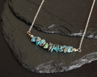 Raw Turquoise Bar Necklace, Sterling Silver, December Birthstone