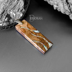 Rectangle & White Fire Lab Opal Inlay. Anniversary Gift. Small Wooden Bar Pendant. Brown Oak Burr Burl Wood. Men&#39;s Necklace&#39;s. Unisex