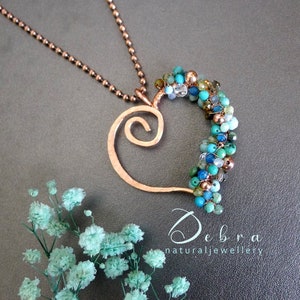 Heart Necklace. Hammered Copper & Gemstone Beads, Turquoise, Emerald, Apatite, Peridot. Larimar, Aquamarine. Handmade Natural Jewellery