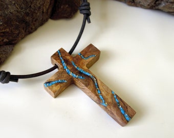 Olive Wood Cross Necklace Inlaid With Turquoise Stone 24ct Gold Flakes. Other Choice: Natural Ethiopian Opal Cross Necklace