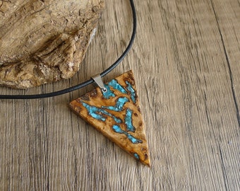 Triangle Necklace Wood With Apatite & Turquoise Gemstone. Arrow Necklace. 5 Year Anniversary Gift. Mappa Burl Wood. Birthstone Necklace