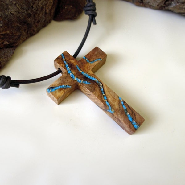 Olive Wood Cross Necklace Inlaid With Turquoise Stone 24ct Gold Flakes. Other Choice: Natural Ethiopian Opal Cross Necklace