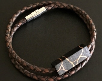 Kintsugi Leather Bracelet With 24ct Gold Leaf 3200BC Bog Oak Wood. 5th Anniversary Gift. Men&#39;s Necklace