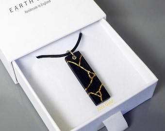 Kintsugi Necklace Inlaid With Genuine 22ct Gold. Handmade From Ancient Bog Oak Wood