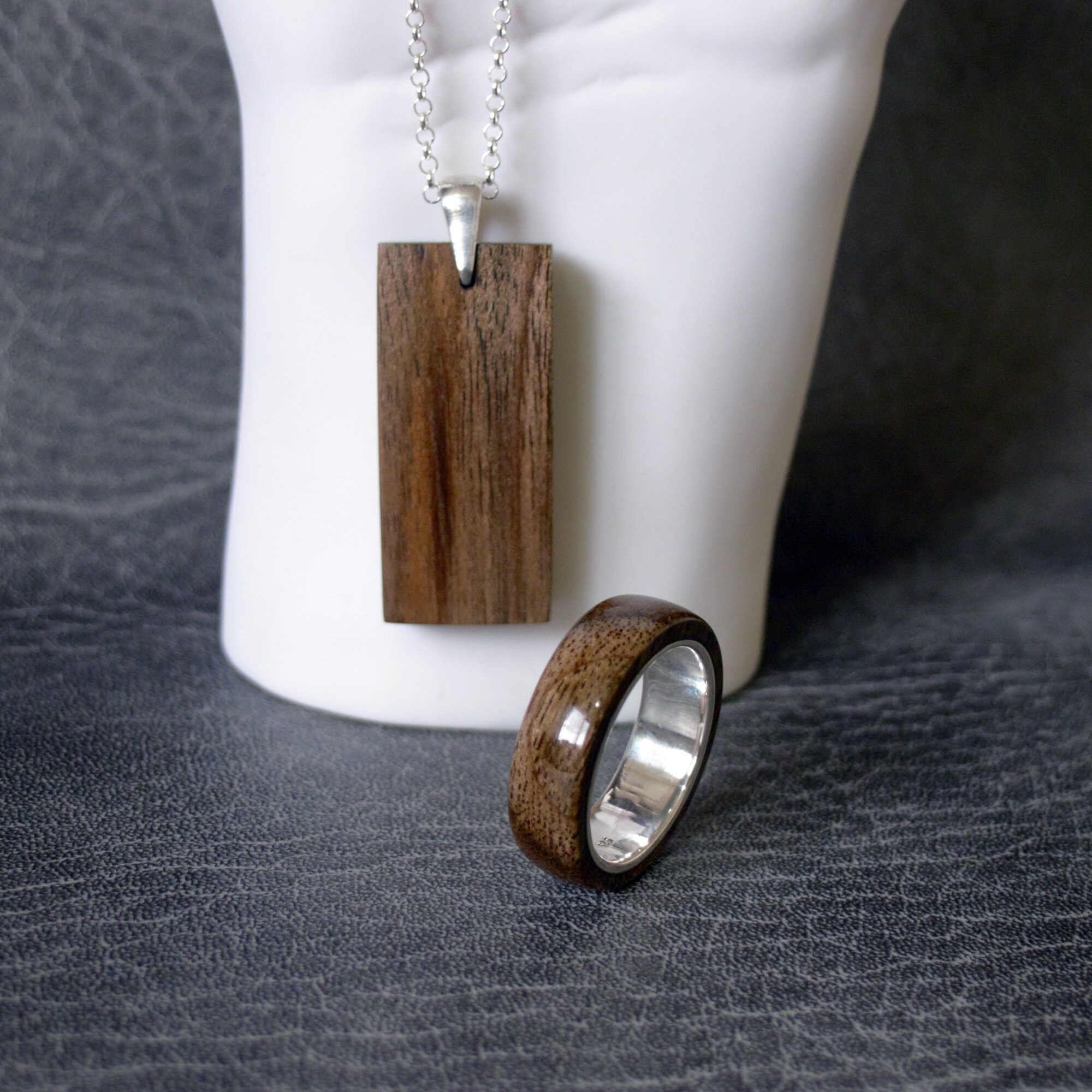 Matching Walnut Wood Necklace & Ring. 925 Sterling Silver. 5 Year  Anniversary Gift for Men 
