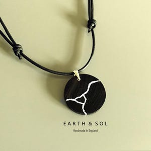 Ancient Bog Oak Wood Round Necklace Kintsugi Inlaid With Fine Silver Leaf. WABI-SABI Japanese Art. Golden Anniversary Gift