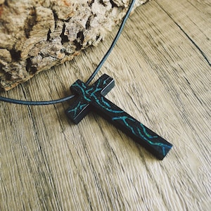 Cross Necklace Antient Bog Oak Wood Inlaid With Natural Gemstone or Ethiopian Opal