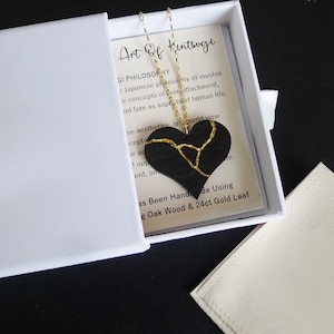 Heart Necklace. Kintsugi Pendant. Japanese Art. Bog Oak Wood With Choice of 24ct Gold, Gemstone or Opal Inlay. Anniversary Gift