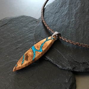 Surfing Necklace Oak Burr Burl Wood With Turquoise Gemstone Inlay. 55mm 5th Anniversary Gift. Wooden Pendant. Earth & Sol Creations