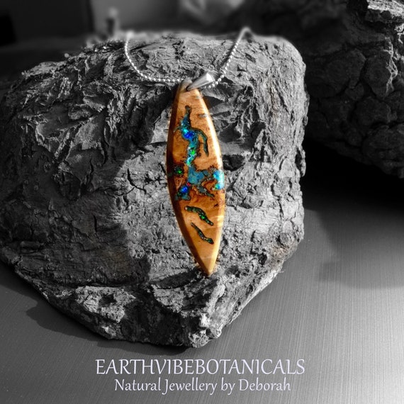 Burr Wood Surfboard Necklace, Real Ethiopian Opal Inlay