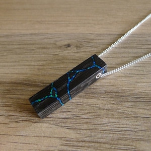 Men&#39;s Bar Necklace. Kintsugi Gift. 3200BC Bog Oak Wood Inlaid With Blue Opal. 5 Year Anniversary Gift. Other Choices Available. Unisex.