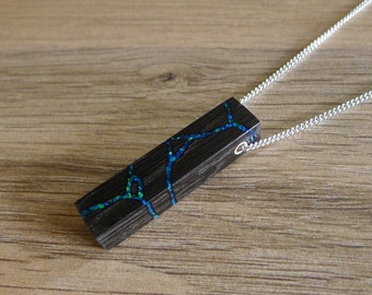 Men&#39;s Bar Necklace. Kintsugi Gift. 3200BC Bog Oak Wood Inlaid With Blue Opal. 5 Year Anniversary Gift. Other Choices Available. Unisex.