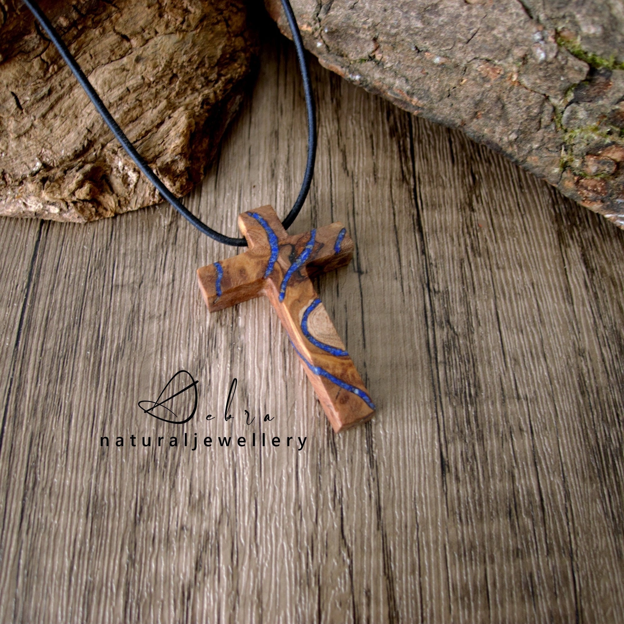 Stitched Bat Wood Inlay Cross Pendant and Chain
