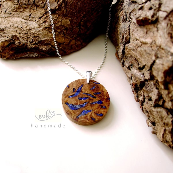 Oak Wood Round Necklace With Lapis Lazuli Stone or Choose Natural Opal or Other Gemstone Inlay. 5 Year Anniversary Gift. Pippy Oak Burr Wood