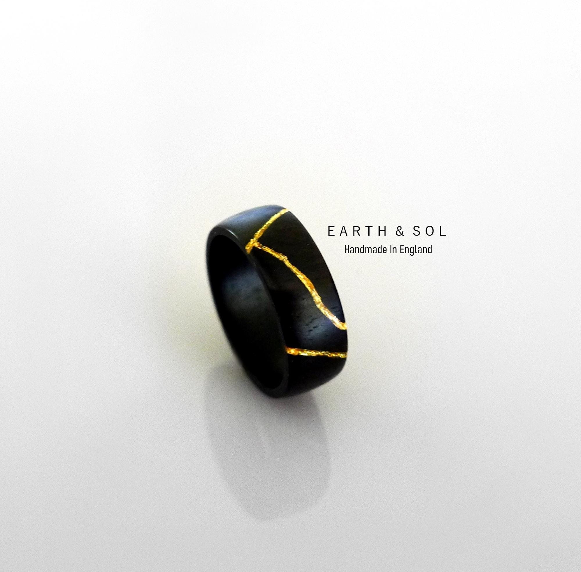 Kintsugi Ring. Ebony Wood Band With 'Real' 22ct Gold Inlay. Japanese Philosophy - Embrace Imperfection. Imperfect Perfection Gifts.