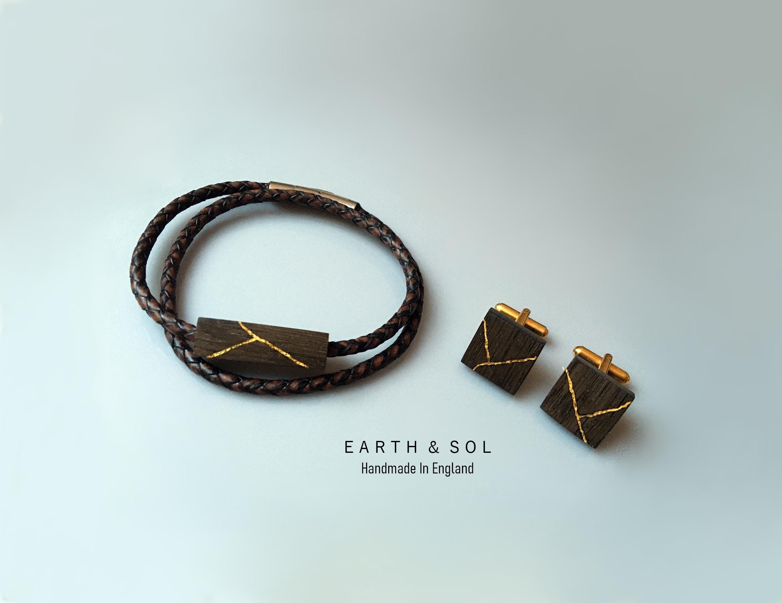 Kintsugi Bracelet Cufflink Set: Bog Oak Wood, 22ct Gold Inlay, Braided Leather Strap