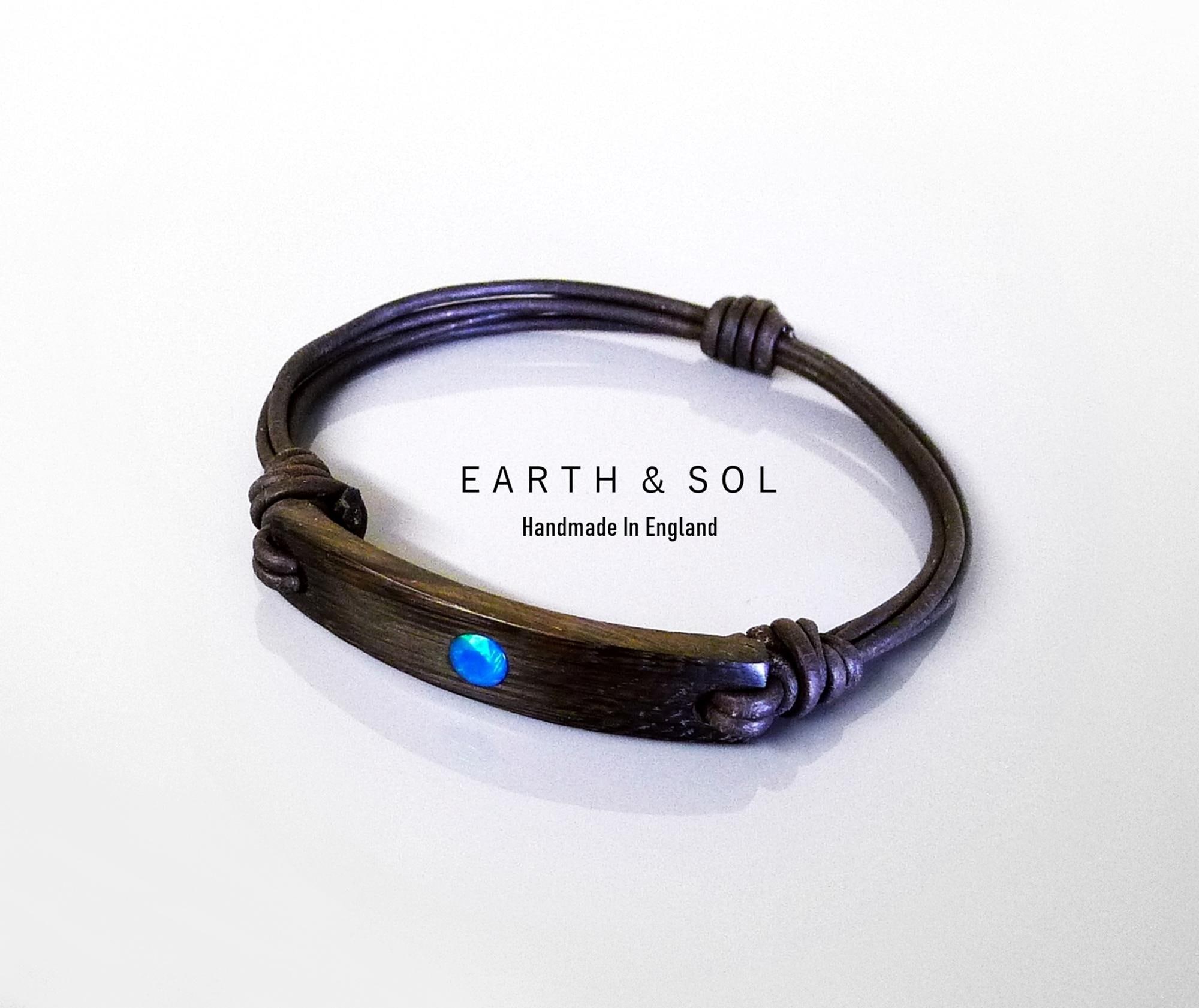 Paraiba Blue Opal Bog Oak Wood Bracelet. Adjustable Leather Strap