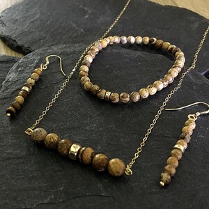 Bead Jewellery Set. Bracelet, Necklace & Earrings. Picture Jasper Matte Beads. Sterling Silver or Gold Filled.