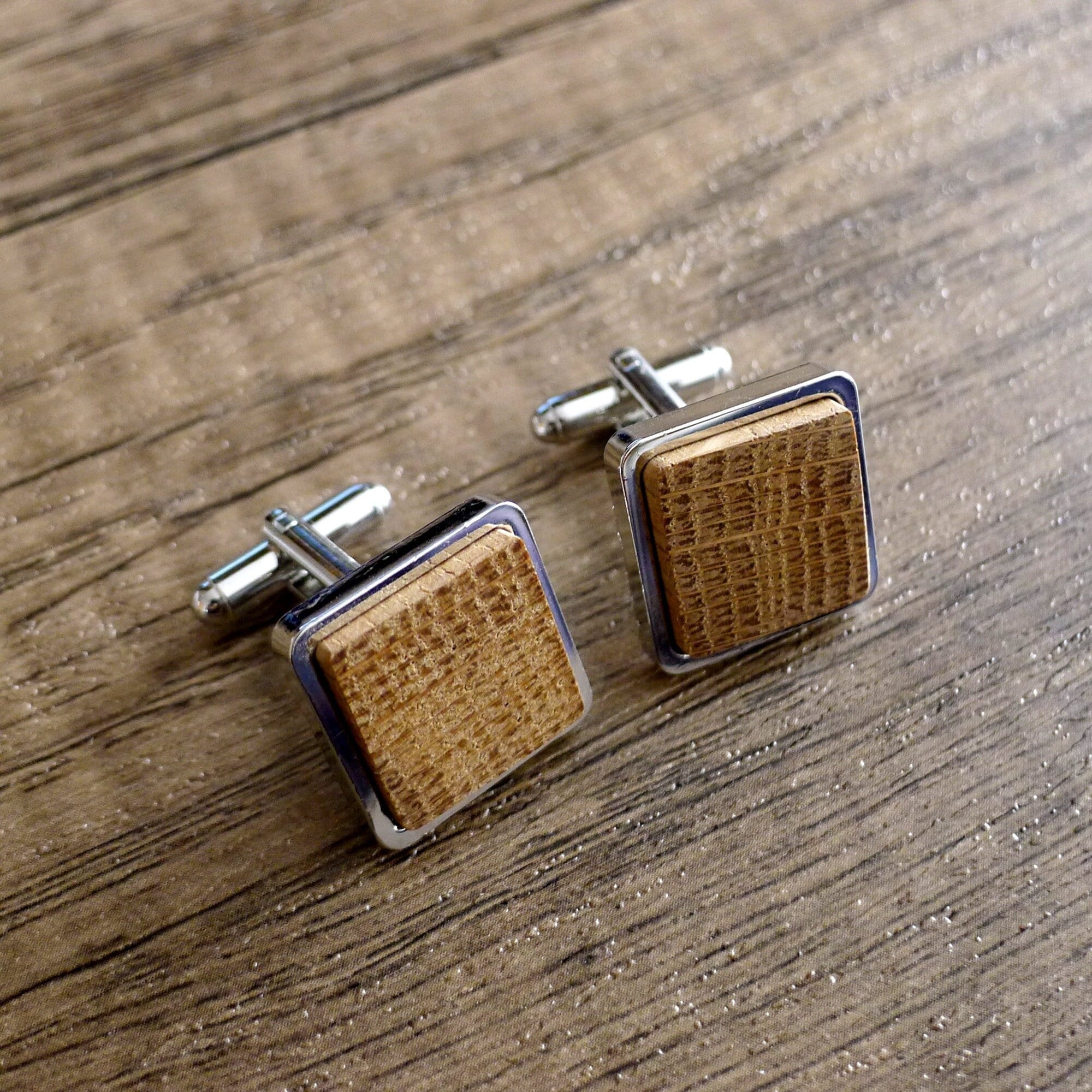 Whiskey Barrel Oak Wood Cufflinks, Rhodium Plated, Handmade in England