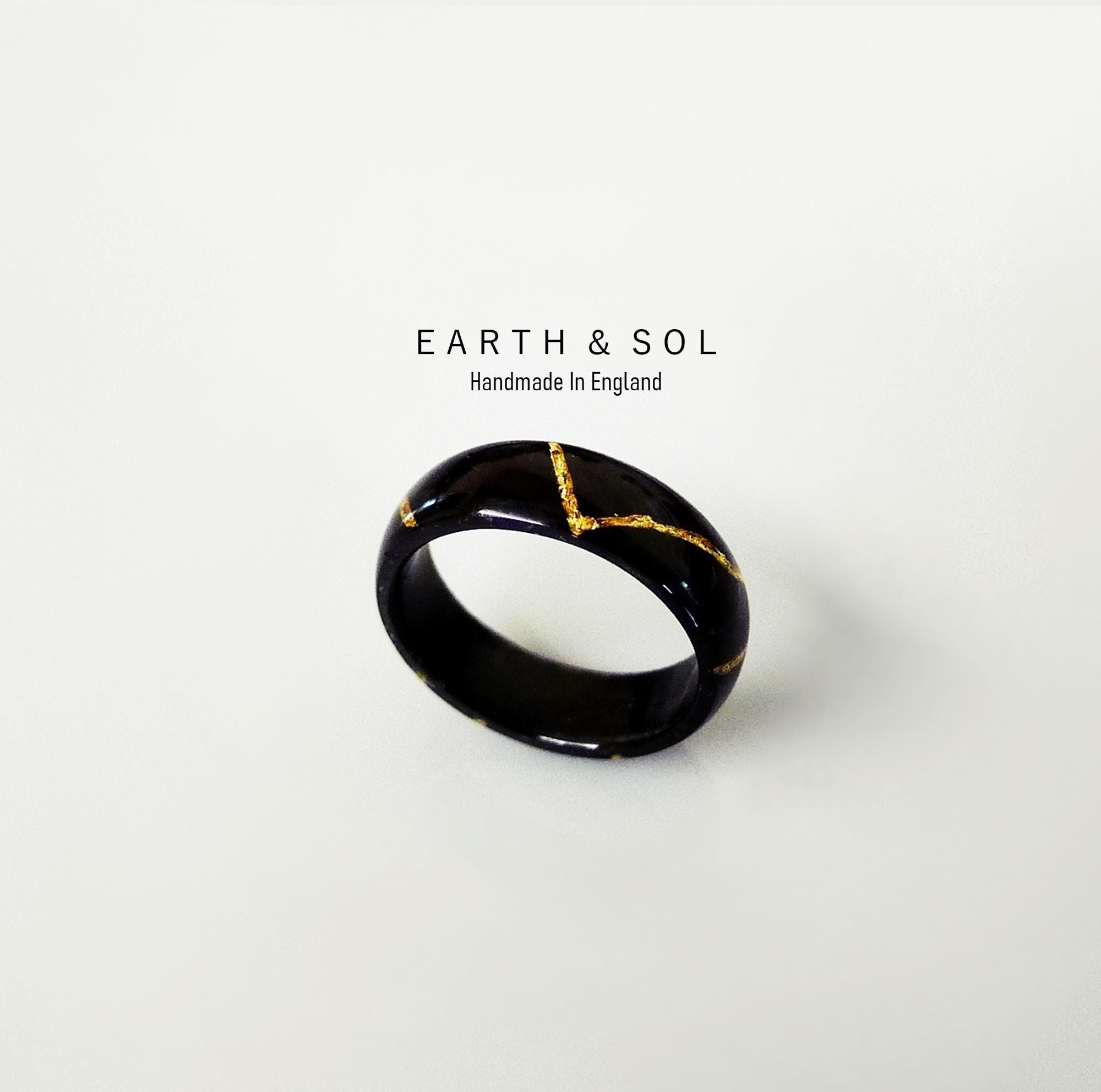 Wood Ring. Ebony Kintsugi Style Wood Band. 22ct Gold Inlay & Carbon Fibre Band. Wabi-Sabi Japanese Philosophy-Imperfection. Perfection Gifts