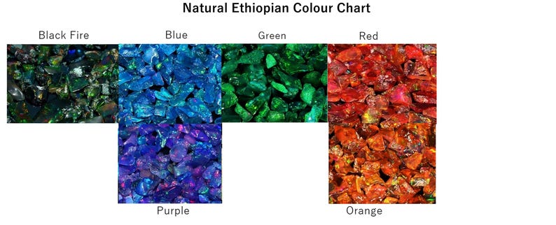 Puede incluir: Una tabla de colores de piedras naturales et&iacute;opes que muestra seis grupos de gemas en bruto facetadas etiquetadas como Black Fire, Blue, Green, Red, Purple y Orange. Cada secci&oacute;n presenta peque&ntilde;as piedras transl&uacute;cidas de tonos vivos.
