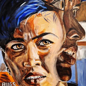 May include: A painting of a woman's face with blue hair. The woman's face is painted in a realistic style, with details like wrinkles and freckles. The painting is signed "M. LOPEZ - 8.2024" and "JESSICA HENWICK" in the bottom right corner. The text "BUGS AS IN BUNNY" is written in the bottom left corner.