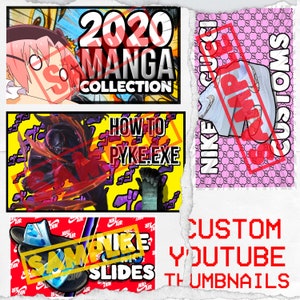 Puede incluir: Una colección de miniaturas personalizadas de YouTube que presentan una variedad de diseños, incluidos personajes de anime, personajes de videojuegos y zapatillas. Las miniaturas están diseñadas para ser llamativas y atractivas, y presentan una variedad de colores y fuentes.