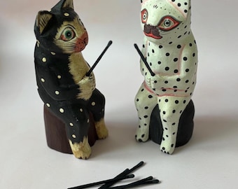 PICK ONE Retro Hand Carved Cat Incense Match Holder - Whimsical Folk Art - Cat Fishing Pole Incense Wooden Figurine