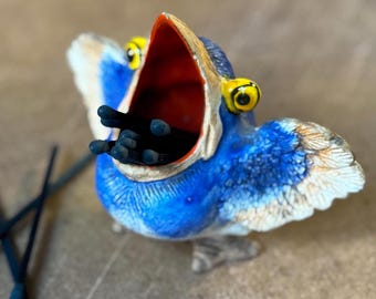 Vintage Blue Bird Open Mouth Ceramic Toothpick/Match Holder - Tobacciana Kitschy Collectible - 1940-50s Hand Painted Art Pottery from Japan