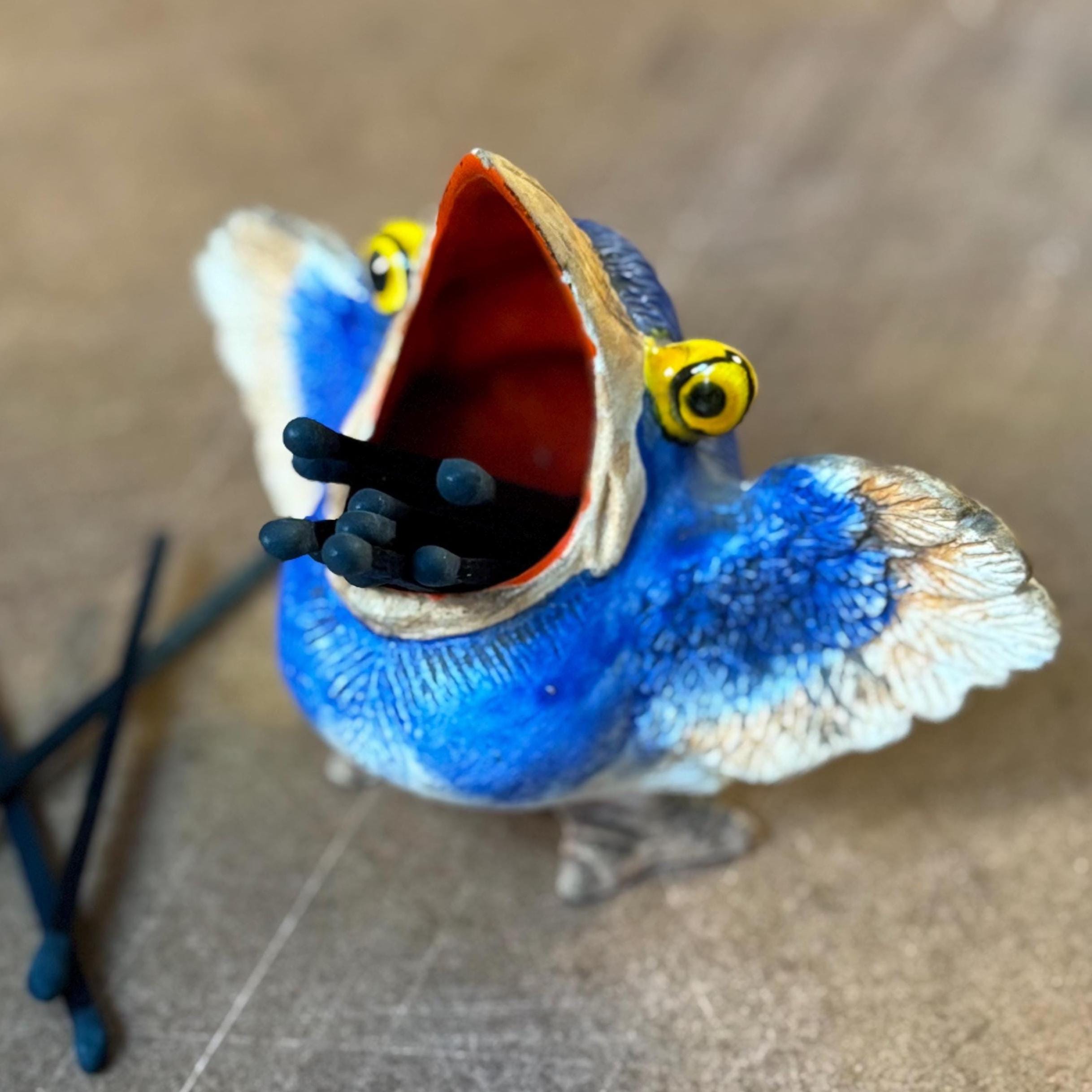 Vintage Blue Bird Open Mouth Ceramic Toothpick/match Holder