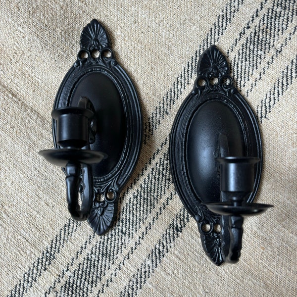 PAIR Vintage Black Taper Candle Sconces - Traditional Hollywood Regency Victorian Wall Candlestick Holder - Dark Academia & Halloween Gothic
