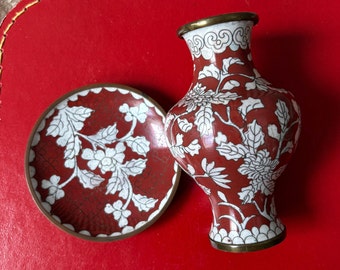 Vintage Cloisonné Vase + Trinket Dish - Red & White Enamel on Copper/Brass - Chinoiserie Enamelware Cherry Blossoms - Unique Red Theory Gift
