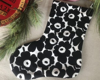 REVERSIBLE Handmade Marimekko B/W Scandinavian Christmas Stocking - Unikko Mini Poppy MCM - Scandi Holiday Decor - Black & White Aesthetic