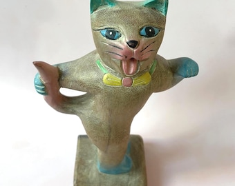 Whimsical Folk Art Waving Cat Holding Tail Sculpture - Painted Solid Carved Hardwood Figurine