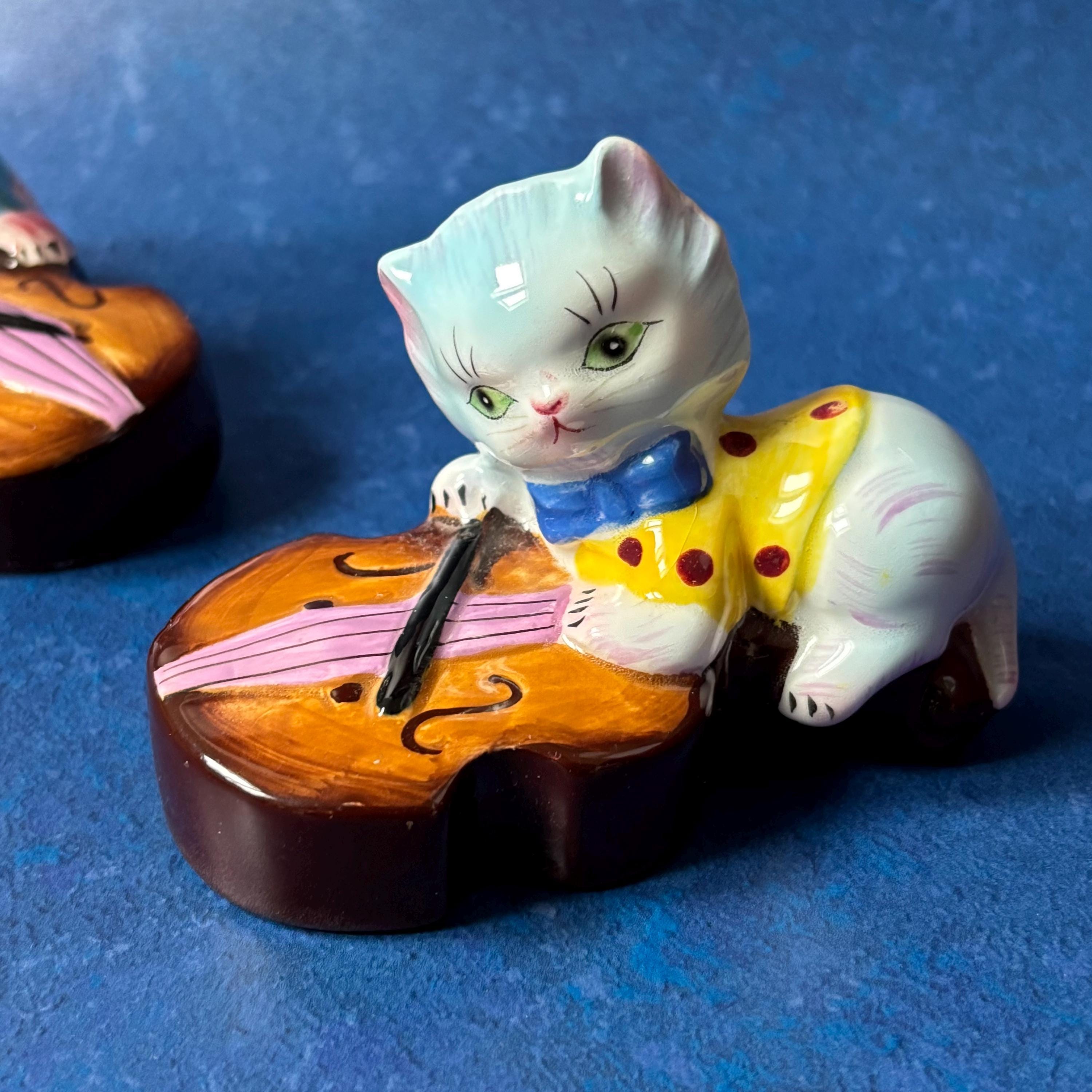 Vintage Anthropomorphic Cat Playing Fiddle Salt & Pepper Shakers