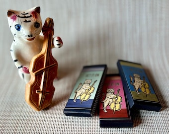 Hey Diddle Diddle! Vintage Cat and “Fiddle” S&P Shakers + 3 Matchboxes - Original Retro Match Box Art - Music Ephemera Kitschy MCM Gift