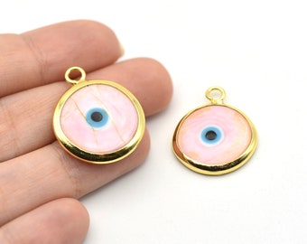 Pendants for Necklace 22x27mm 24k Shiny Gold Plated Pink Enamel Evil Eyes Charm Mini Round Evil Eye Charm Evil Eye Pendants GLD045