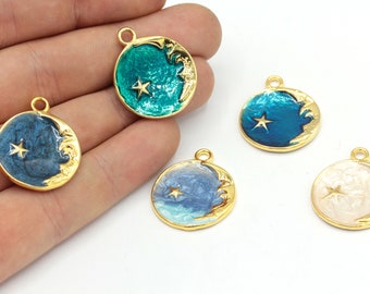 22x25mm 24k Shiny Gold Plated Moon with Star Charm,  Enamel Charms, Crescent Charm, Gold Charms, Celestial Charm, Gold Plated Findings