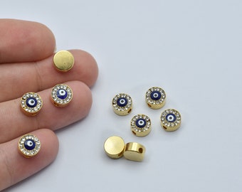 4x8mm Gold Plated Evil Eye Micro Pave Beads, Enamel Evil Eye Zircon Charms, Cubic Zirconia Bracelet Connector, Evil Eye Spacer Beads CZ028