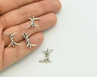 13x15mm Silver Plated Barbed Wire Pendant, Gothic Barbed Wire Pendant, Emo Barbed Wire Pendant, 2 Connectors, Wholesale Jewelry  AS047