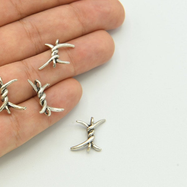 13x15mm Silver Plated Barbed Wire Pendant, Gothic Barbed Wire Pendant, Emo Barbed Wire Pendant, 2 Connectors, Wholesale Jewelry  AS047