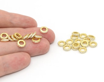 8 mm 24k glänzend vergoldete CZ Micro Pave Rondell Perlen, Gold Zwischenperlen, kleine Kreis Perlen, Verbinder Perlen, vergoldete Zubehoer